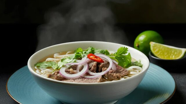 Steaming bowl of beef pho with lime and fresh herbs