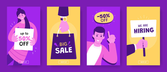 Vibrant social media story templates for promotions. Sale banners, hiring ads, and discounts with characters in modern flat style, showcasing sales and hiring themes. Ideal for marketing campaigns.