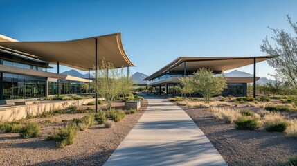Obraz premium Modern Desert Architecture: Sunlit Pathway, Contemporary Buildings, and Scenic Mountain Views