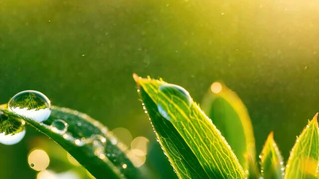 Green leaf with morning dew droplets in sunlight