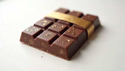Minimalist chocolate bar gold accents on white background. Elegant wrapper premium design. Refined stylish composition. Luxury dessert, gourmet product. Upscale artistic presentation.