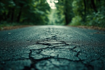 Cracked asphalt road disappearing into a lush green forest, creating a mysterious and scenic atmosphere.