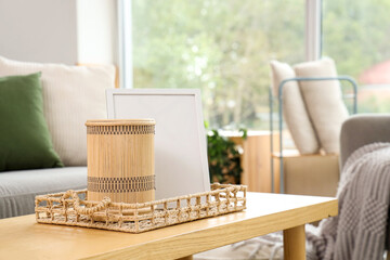 Coffee table with picture frame in living room