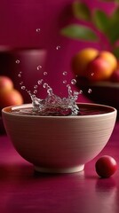 Refreshing water splash in ceramic bowl against burgundy backdrop