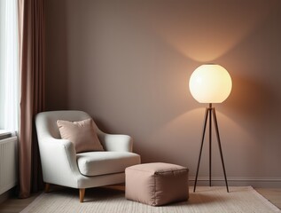 Future Dusk accent wall, soft armchair, pouf, globe lamp, focus on soft shapes, minimal decor