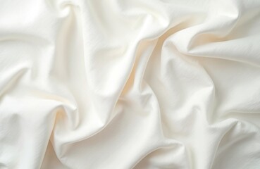 White linen fabric backdrop. Crumpled natural cotton textile background. Eco-friendly organic textiles in white color. Clean surface with delicate texture, soft folds. Top view for fashion design,