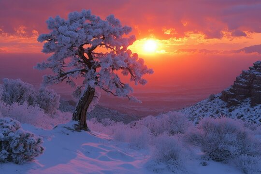 A snow-covered landscape with a frosted tree silhouetted against a vibrant orange and pink sunset, creating a serene winter scene.