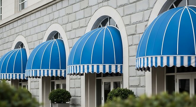 Blue Awnings and Stone An Inviting Architectural Facade with a Sense of Charm