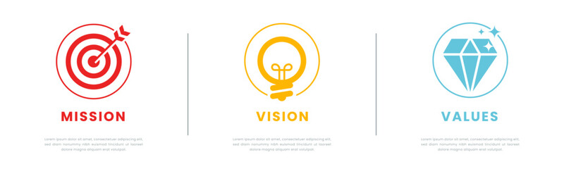 Mission Vision Values infographic Banner template. Company goal infographic design with Modern flat icon design. 