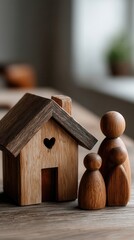 Peaceful wooden family figures beside heart-decorated house on table