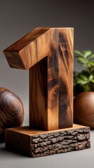 Elegant wooden number one sculpture on natural bark base