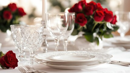 Romantic Dinner Table Setting with Red Roses and Crystal Glassware