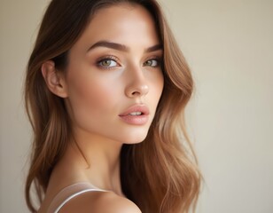 Naklejka premium Close-up portrait young woman soft makeup. Brown hair, green eyes, natural skin. Beauty, face, delicate features, elegant look. Model alluring gaze, beautiful, charming, sensual, gentle.