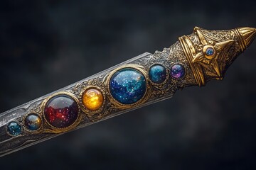 Ornate dagger adorned with cosmic-inspired gemstones, showcasing intricate metalwork and celestial designs.