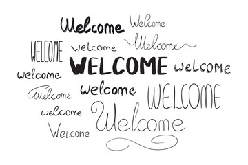 Welcome Word cloud. Composition creative decorative Lettering. Set of handwritten, bold, stretched text for Greeting. Collection of calligraphy written marker, ink. Design element. Vector illustration