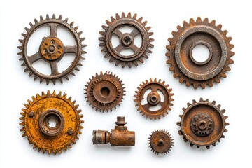 Arrangement of rusted gears, cogwheels, and a valve on a white surface showcasing texture and industrial aesthetic in a detailed still life.