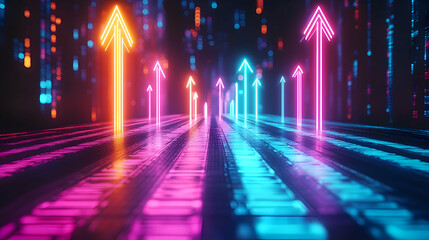 A futuristic chart showing upward and downward arrows in neon colors, symbolizing potential future markets