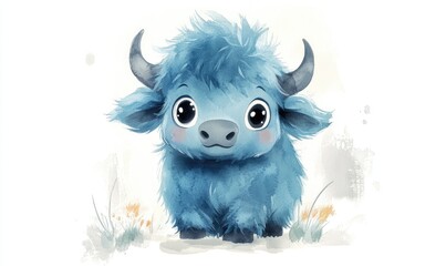 Fototapeta premium Fluffy blue buffalo with big eyes in watercolor style, isolated on white background. AI generated illustration.