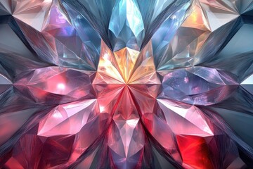 Abstract crystalline structure with facets of red, blue and gold creating a stunning gemstone-like effect, like an abstract flower.