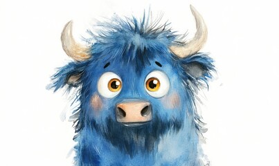 Fototapeta premium Fluffy blue buffalo with big eyes in watercolor style, isolated on white background. AI generated illustration.