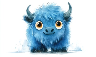 Fototapeta premium Fluffy blue buffalo with big eyes in watercolor style, isolated on white background. AI generated illustration.