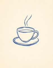 Obraz premium bakery cafe logo featuring a coffee cup and croissant in blue line art on a cream background