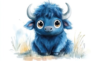 Fototapeta premium Fluffy blue buffalo with big eyes in watercolor style, isolated on white background. AI generated illustration.