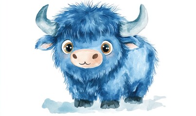 Naklejka premium Fluffy blue buffalo with big eyes in watercolor style, isolated on white background. AI generated illustration.