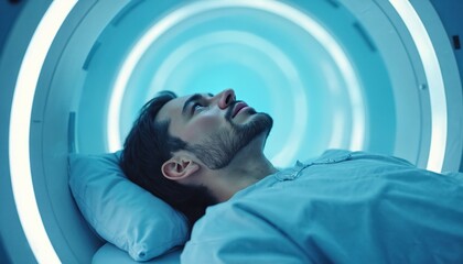 Man on hyperbaric oxygen therapy. Patient relaxes inside chamber for enhanced recovery. Medical technology innovation for health. Modern medicine treatment.