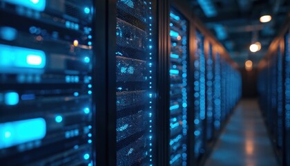 Fototapeta na wymiar Rows of dedicated servers mining Bitcoin in high-tech cryptocurrency farm. Data center with advanced hardware, network, processing power. Digital currency exchange, crypto market. Bitcoin mining