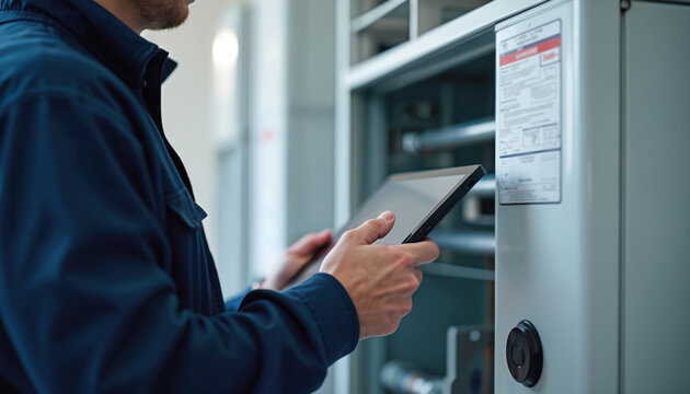 HVAC technician diagnoses system issues using digital tablet for optimal performance and reliability. Pro assesses equipment, providing expertise. Home residential environment, air quality.