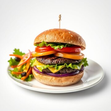 plate with a delicious hamburger and sald isolated on a white background