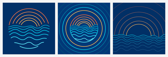 Set of Minimalist Logo Vector Illustration of Open Sea Landscape at Sunset or Sunrise Using Wireframes, Outlines, Lines Shapes, Featuring Stylised Waves, Big Orange Sun on the Horizon, Clear Blue Sky