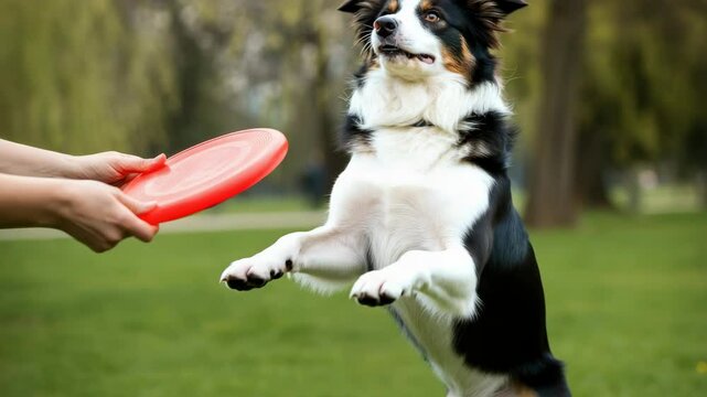 Dog focused on red frisbee in park