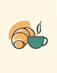 bakery cafe logo featuring coffee cup, black tea, and French croissant in elegant line art