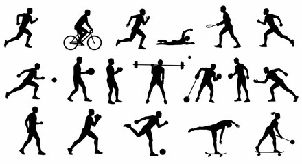 Silhouettes of people doing various sports activities on white background. Generative AI