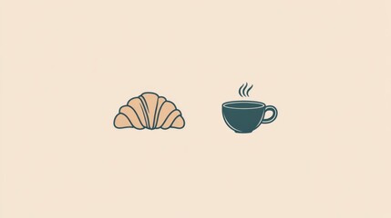 bakery cafe logo featuring coffee cup, black tea, and French croissant in elegant line art