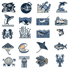 A collection of  hand drawn images of sea creatures in a vector flat design., 
