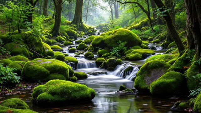 Lush mossy stream through forest