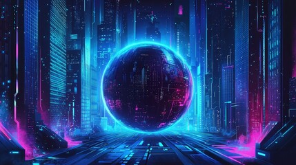 Fototapeta premium Futuristic cityscape with glowing sphere.