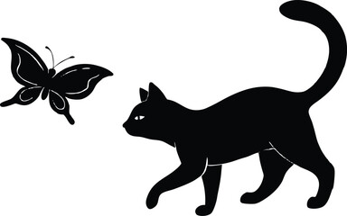  silhouette of cat chasing butterfly, Black and white cat silhouette vector illustration