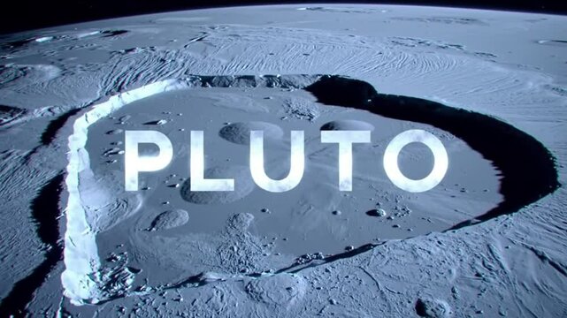 &ldquo;PLUTO&rdquo; Subtle Frosted Text with Icy Plains and Heart-Shaped Surface &ndash; Dim Lighting and Dwarf Planet Space Visuals

