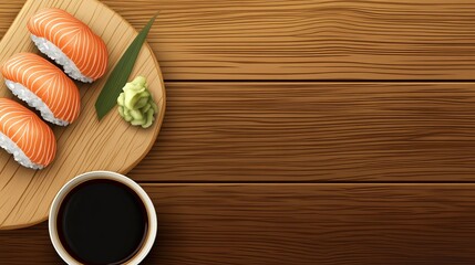Delicious Salmon Sushi on Wooden Board with Soy Sauce and Wasabi Japanese Cuisine Restaurant Menu Food Photography Asian Food     