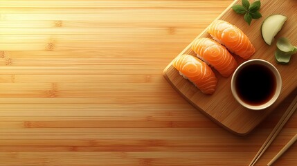 Delicious Salmon Sushi on Wooden Board Top View Photo Fresh Japanese Food Restaurant Menu Background Asian Cuisine Healthy Meal   