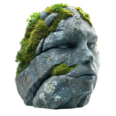 Rock face sculpture moss covered nature art stone head statue garden decor on transparent background