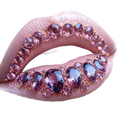 Glamorous pink lips with crystal embellishments and luxury lip jewelry on transparent background