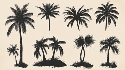 Summer palm logo template set with hand drawn tropical palm trees and boho elements