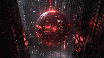 Red orb suspended above futuristic cityscape.