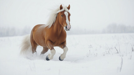 a portrait for running  brown Haflinger which  is a small, sturdy, golden chestnut horse known for its flaxen mane and gentle, hardworking nature on white background 
