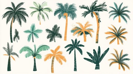Summer palm logo template set with hand drawn tropical palm trees and boho elements